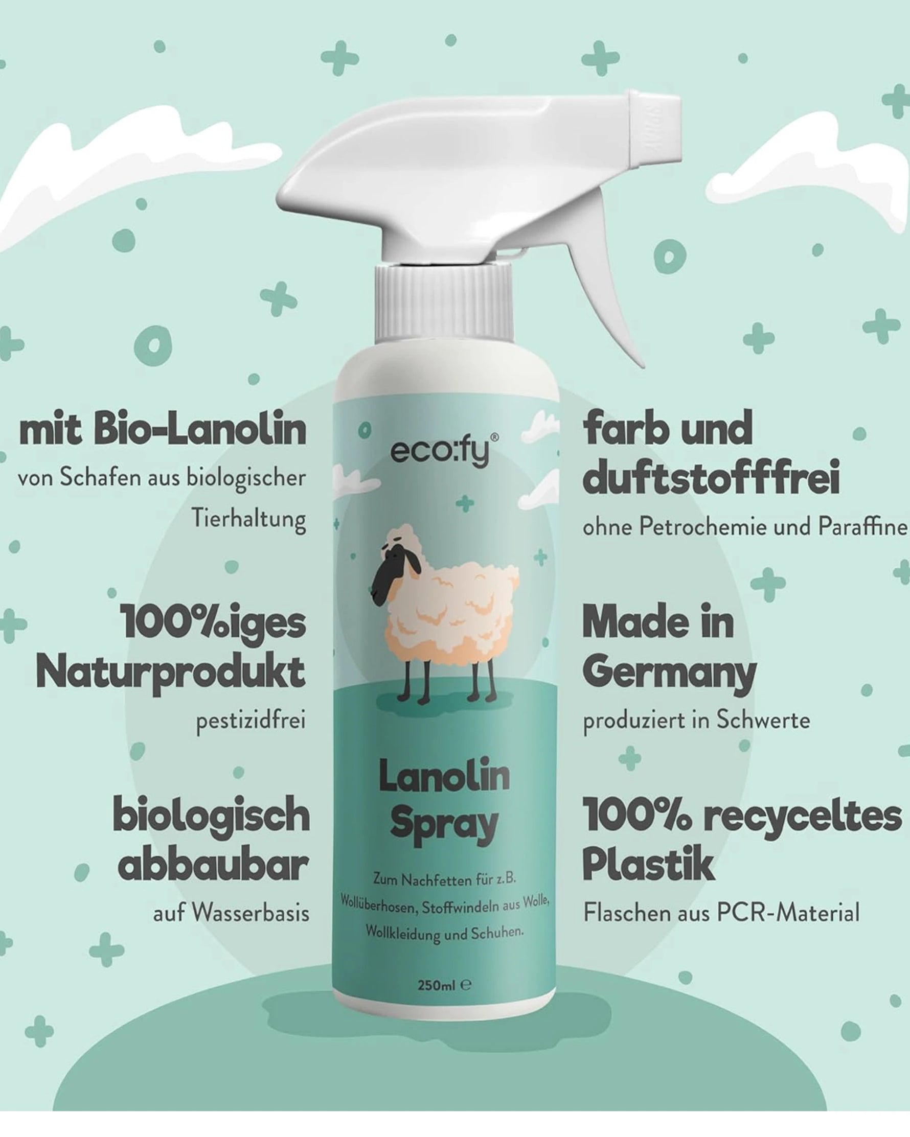 Fette deine Wollwalk Kleidung mit diesem Lanolin-Spray mit Wollfett nach und pflege sie. Mit Hilfe dieses Sprays führst Du deiner Wollkleidung schonend wieder das wichtige Lanolin zu. Deine Wolle erhält wieder einen flauschig-weichen Griff, Wollwindelhosen werden wieder dicht und Wollschuhe bekommen eine imprägnierende Pflege.