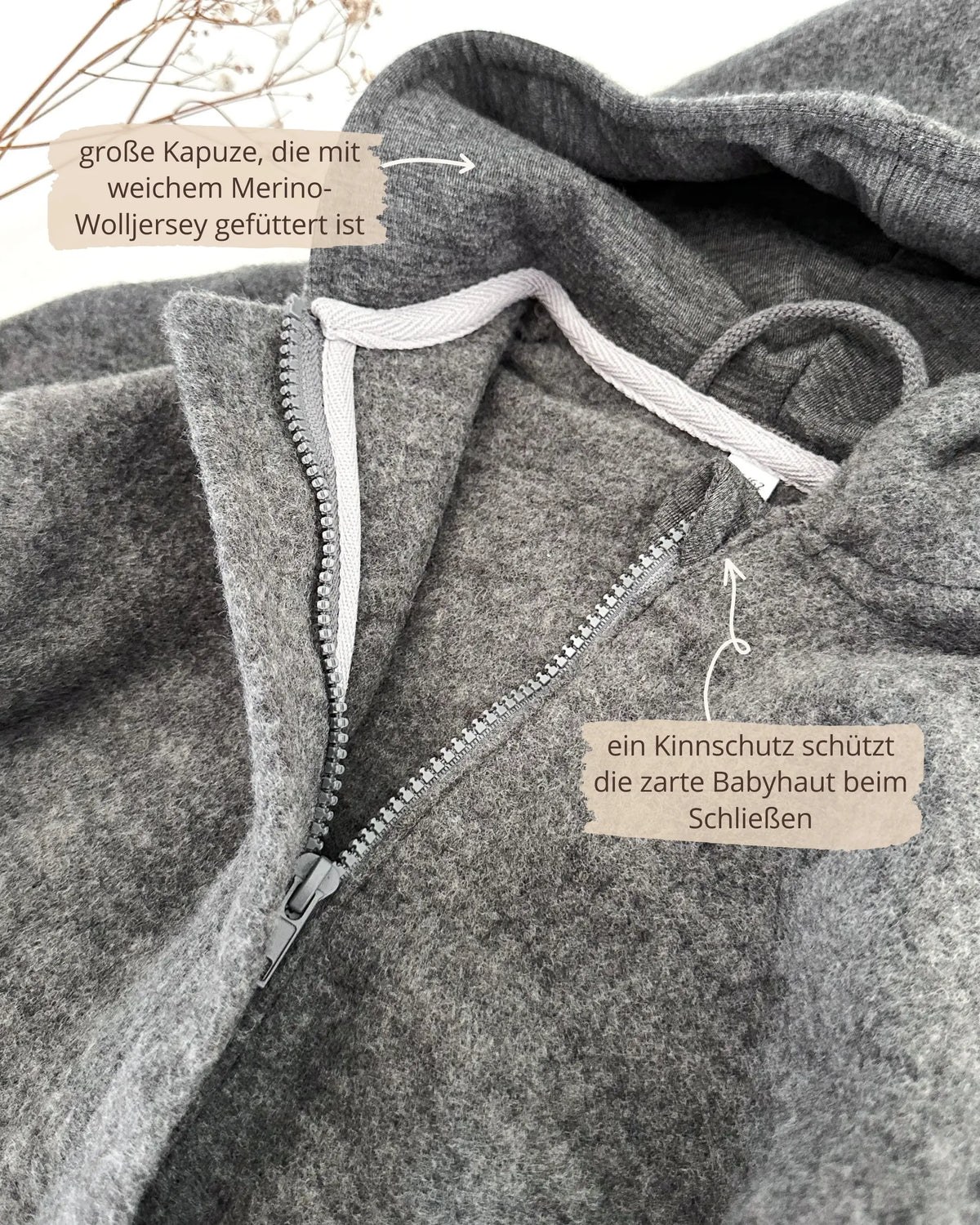 Nachhaltige Kinder Fleecejacke aus 100% Merino Wollfleece mit Kapuze und Reißverschluss, handgemacht in Deutschland 