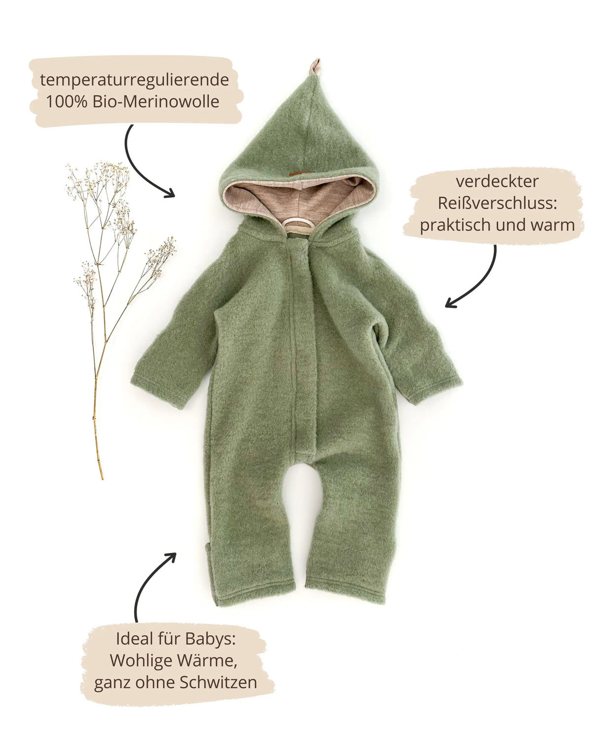 Nachhaltiger Baby Merino Overall aus  Merino Wollfleece mit Kapuze und Umschlagbündchen und verdecktem Reißverschluss in Salbei