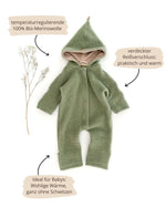 Nachhaltiger Baby Merino Overall aus  Merino Wollfleece mit Kapuze und Umschlagbündchen und verdecktem Reißverschluss in Salbei
