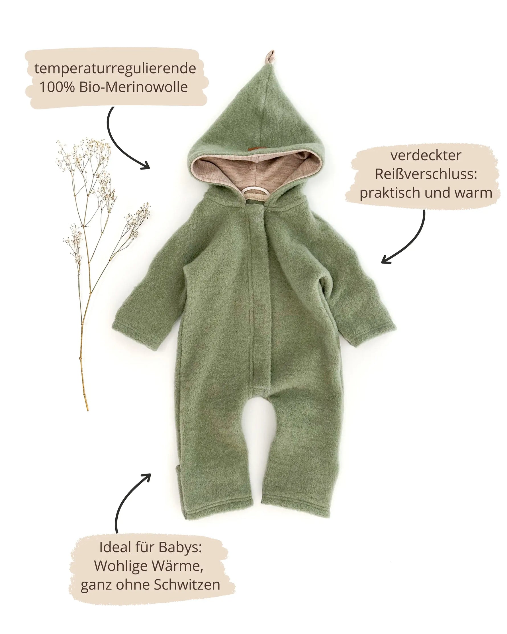 Nachhaltiger Baby Merino Overall aus  Merino Wollfleece mit Kapuze und Umschlagbündchen und verdecktem Reißverschluss in Salbei