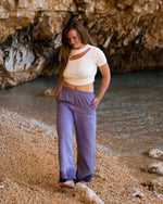 lange Leinenhose für Damen mit weitem Bein und hoher Taille in lila