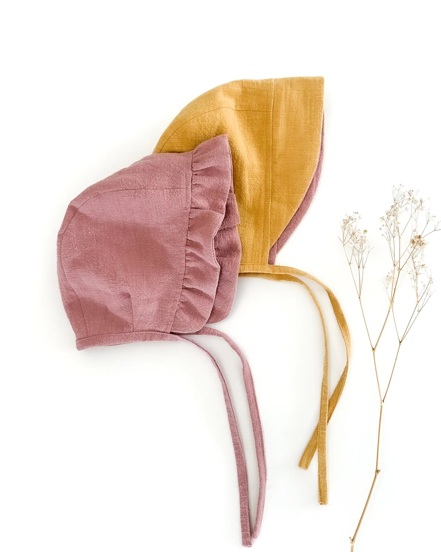 Sofortkauf: Leinen Baby Bonnet in Gelb/Altrosa, Gr. 48-50