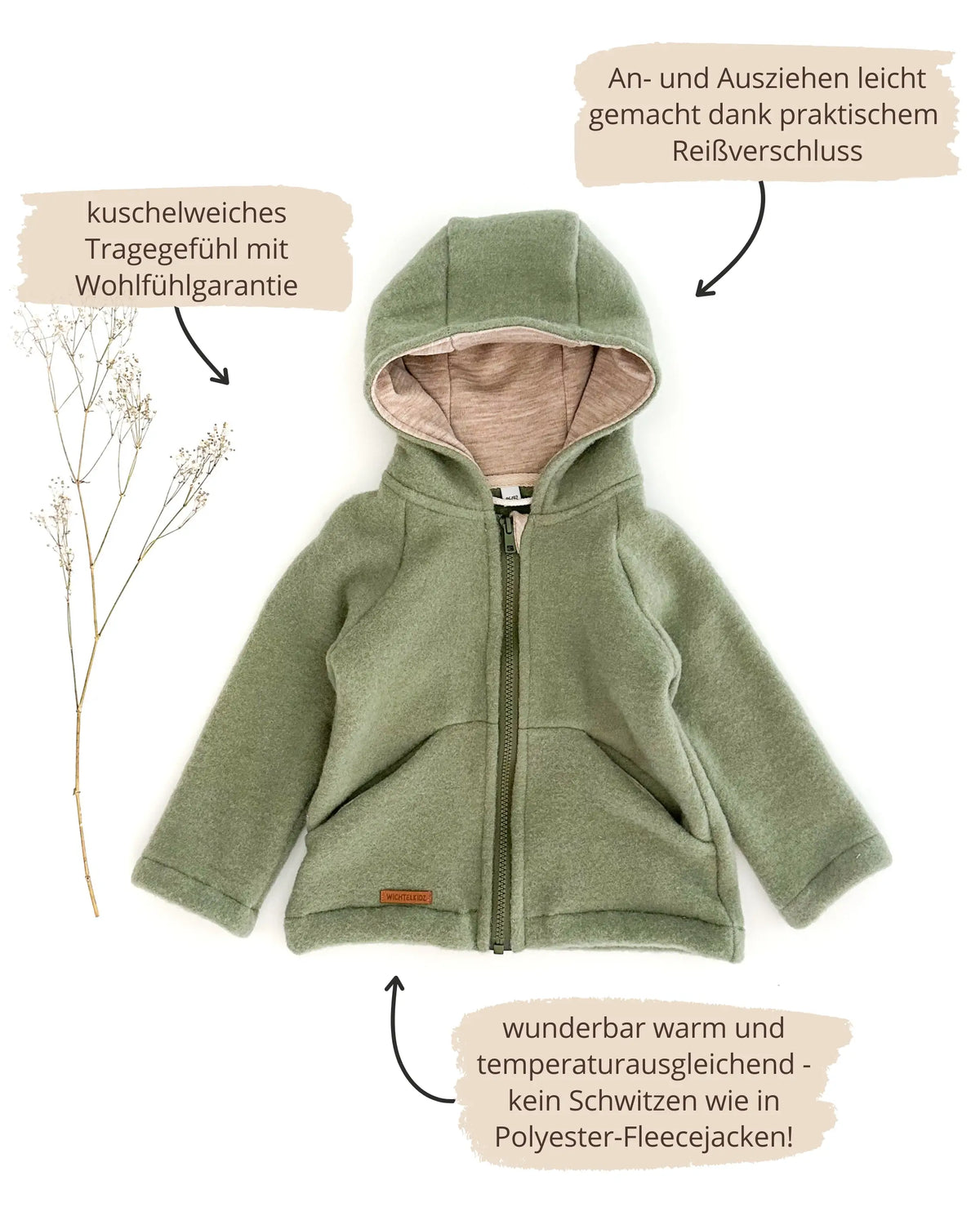 Kinder Fleecejacke aus Bio Merinowolle in Salbei, weich und temperaturausgleichend für Alltag und Kita 