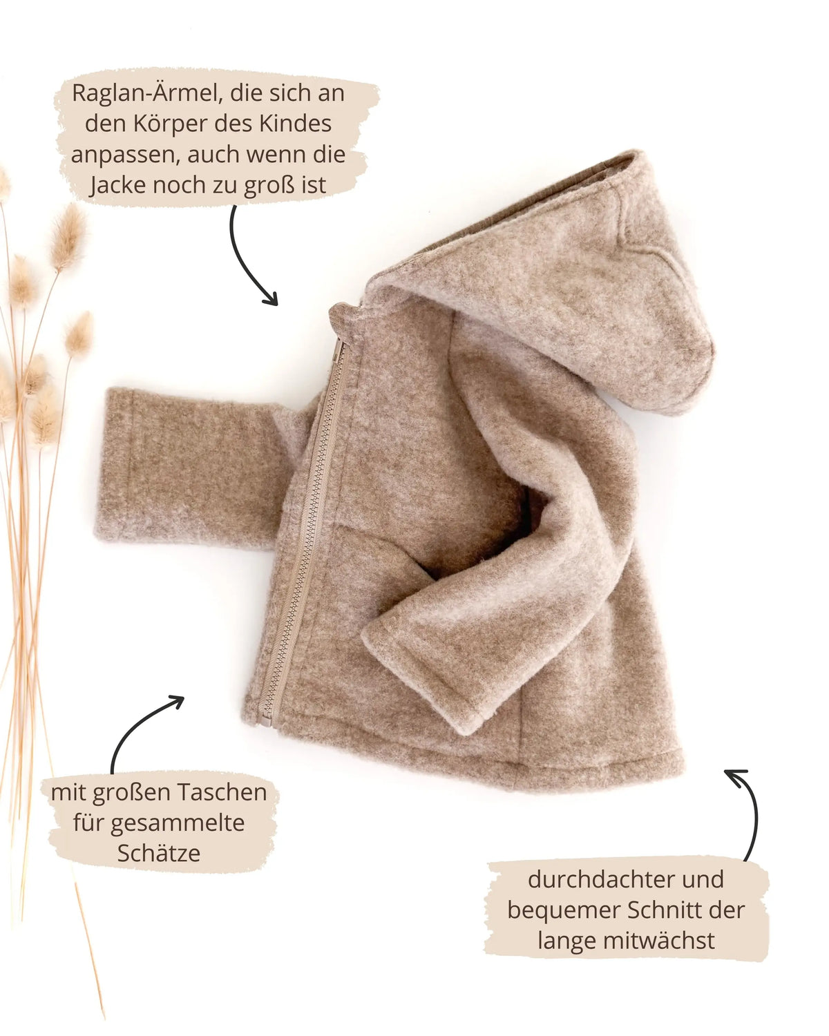 Nachhaltige Kinderjacke aus 100% Merino Wollfleece mit Kapuze und Reißverschluss für natürliche Wärme ohne Schwitzen