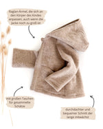 Nachhaltige Kinderjacke aus 100% Merino Wollfleece mit Kapuze und Reißverschluss für natürliche Wärme ohne Schwitzen