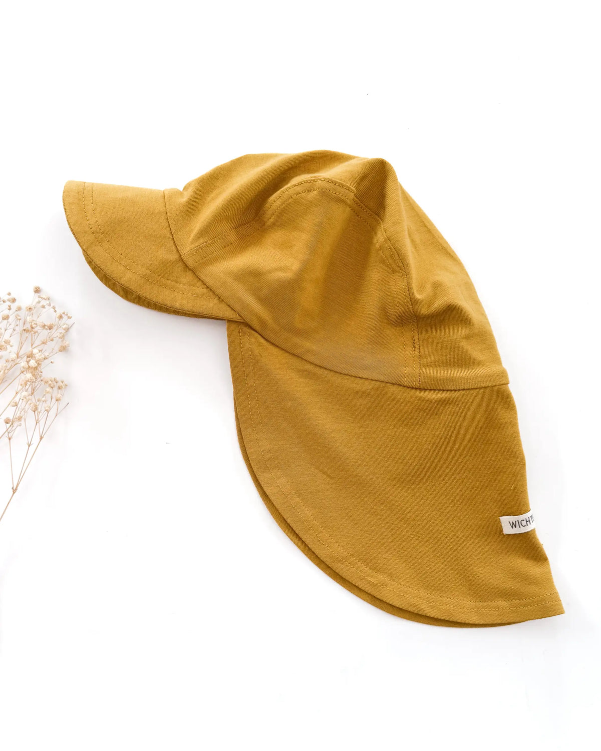 Kinder und Baby Sonnenhut mit UV Schutz aus weichem natürlichem Stoff ohne Polyester Beschichtung oder Chemie. Sommerliches Gelb mit Nachenschutz, Schirm und Ohrenschutz