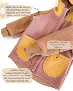 Colorblock Walkjacke für Kinder und Babys mit Wollbünchen aus Bio-Merinowolle