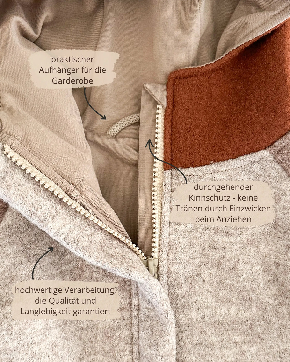 Bunte Kinder Wollwalkjacke mit Kapuze, verdecktem Reißverschluss und Merinowollbündchen, ideal für Spielplatz und Alltag.