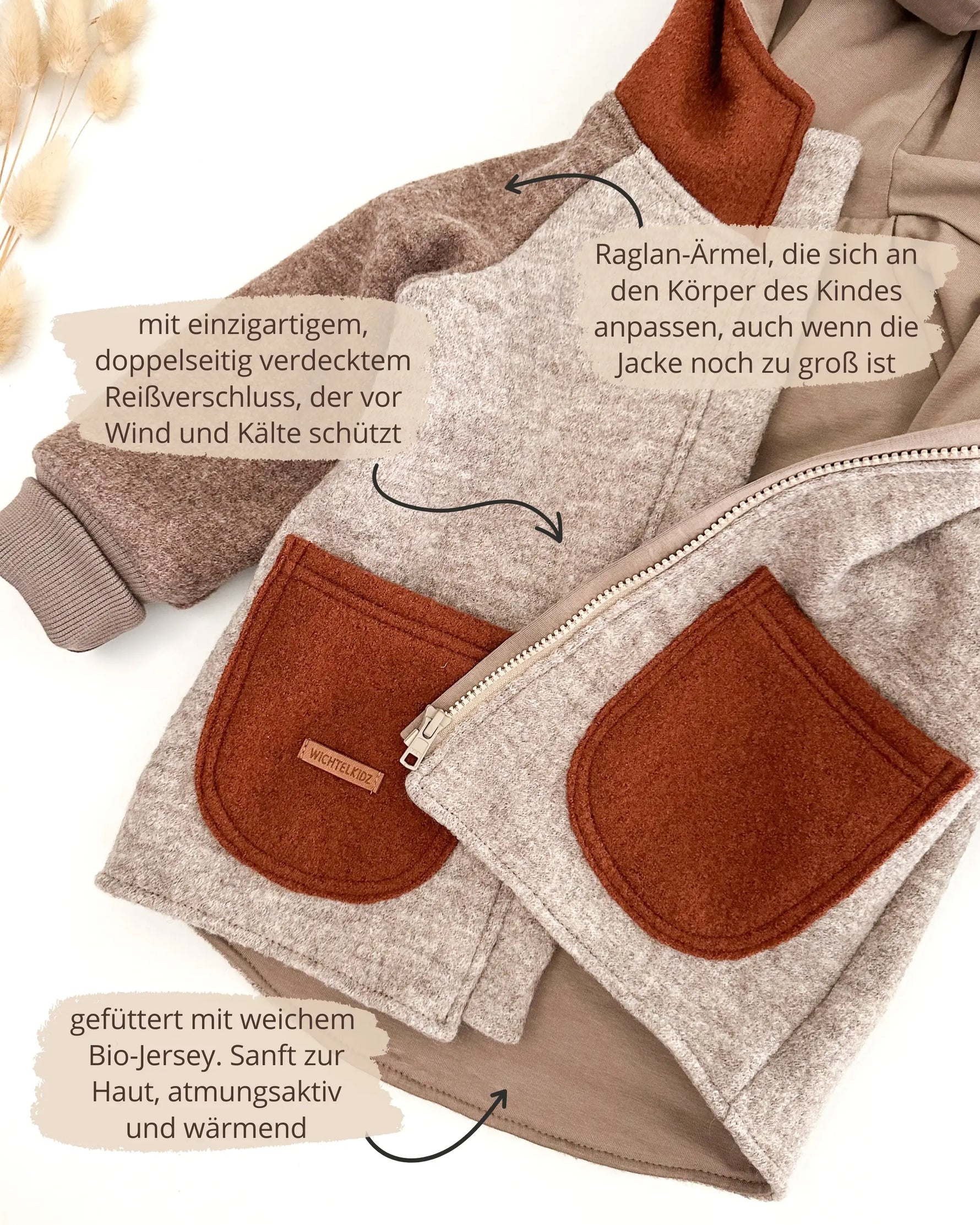 dreifarbige Walkjacke für Kinder in neutralen Tönen für Herbst, Winter und Frühling