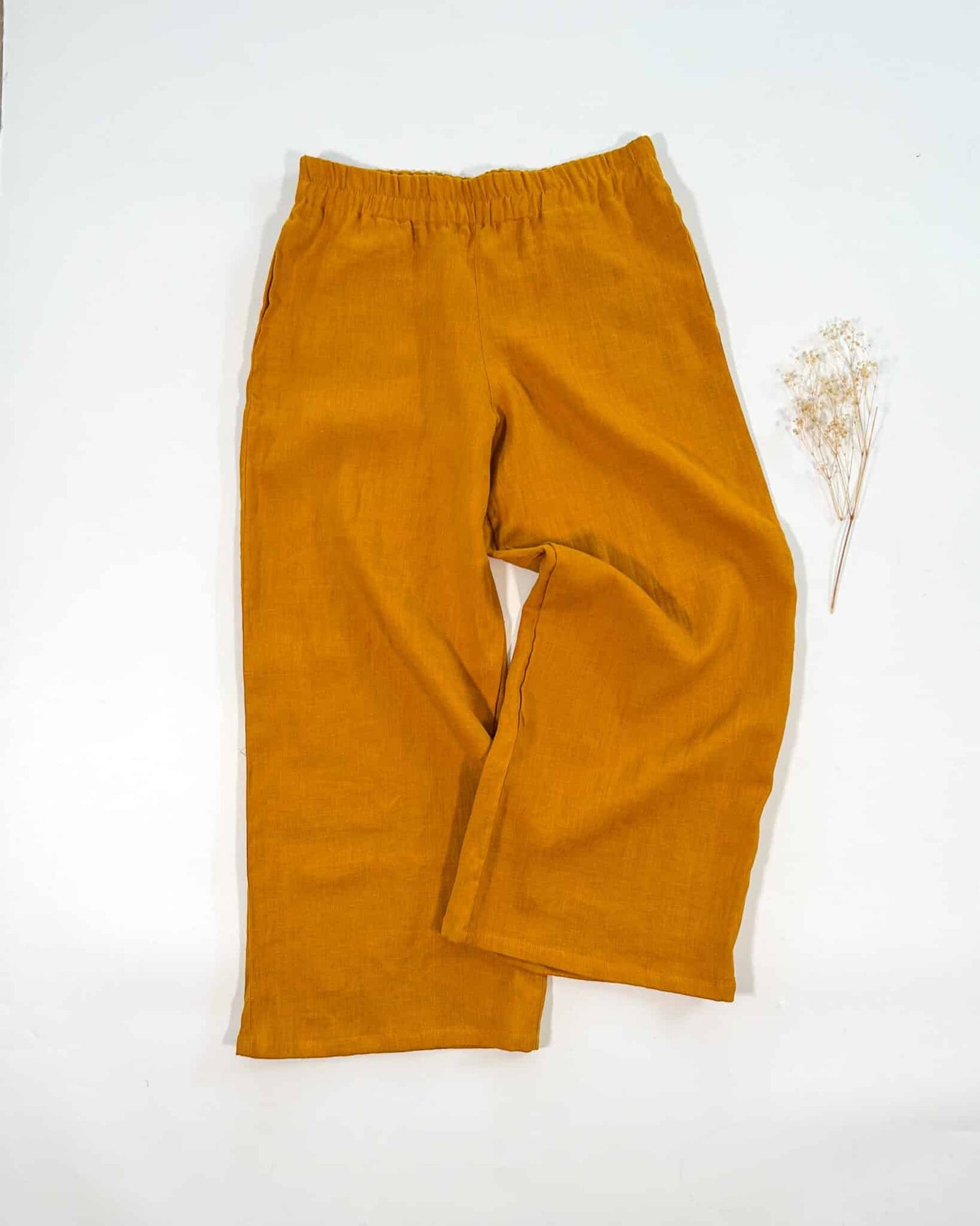 Sofortkauf: Damen Leinenhose mit weitem Bein und Taschen in Senf, Gr. L (42/44)