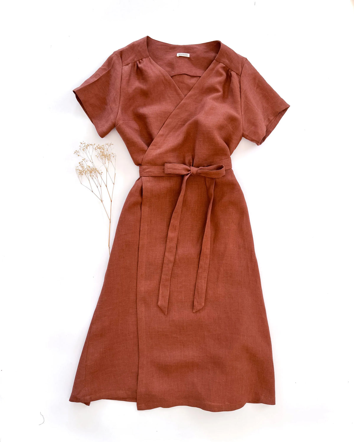 Sofortkauf: Damen Wickelkleid aus Leinen in Rost, Gr. XL(46/48)