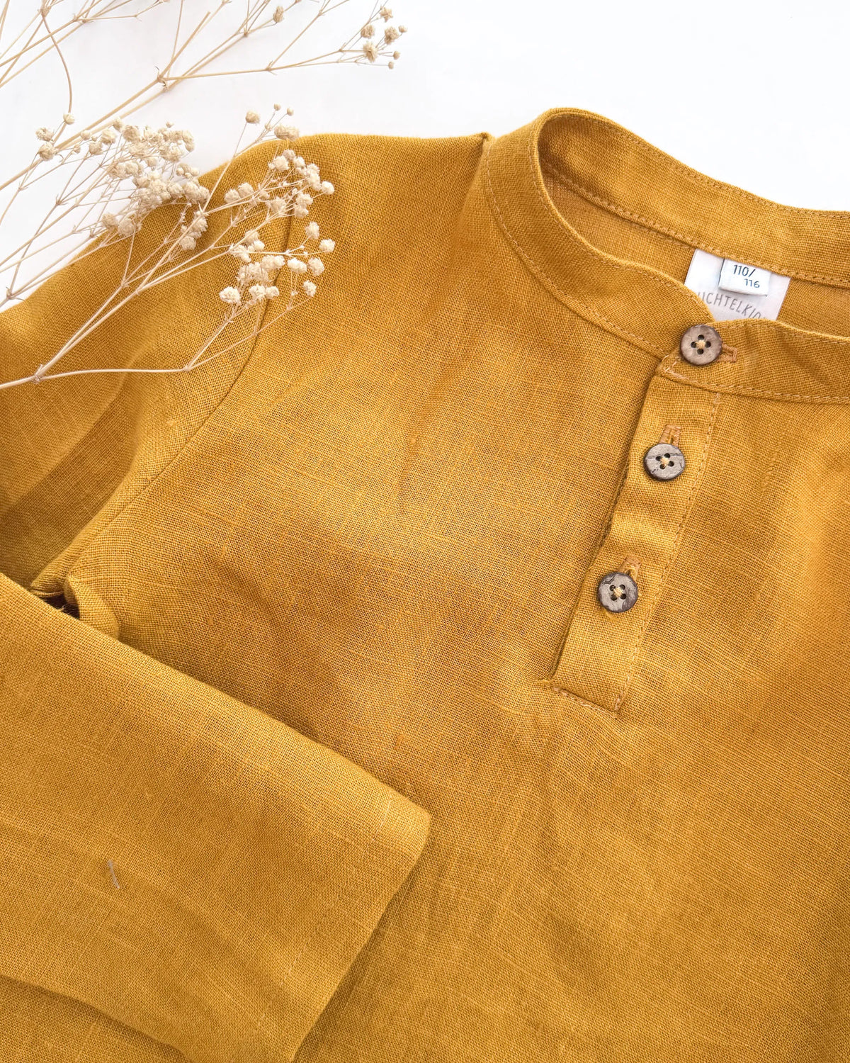 Sofortkauf: langärmliges Leinenhemd / Shirt mit Knopfleiste in Senf, Gr. 110/116