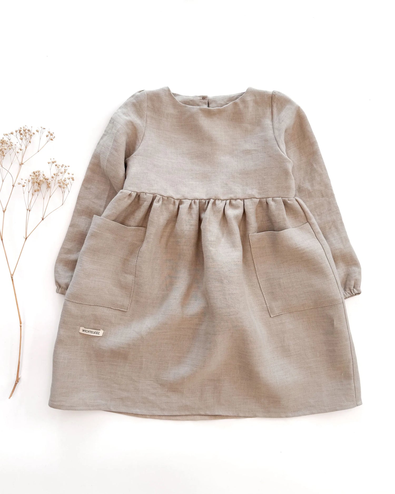 Sofortkauf: Leinenkleid langarm mit Taschen in Sand, Gr. 98/104