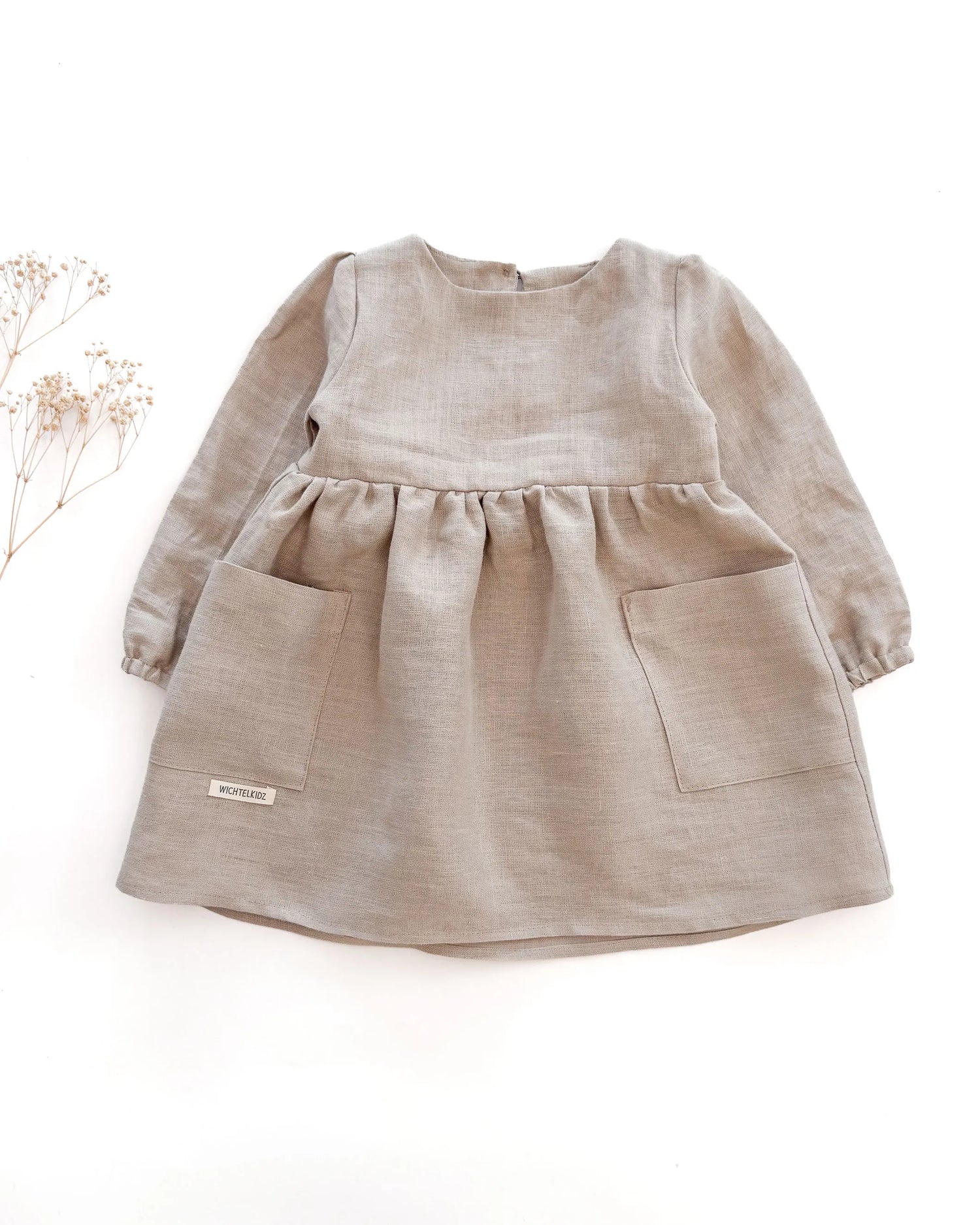 Sofortkauf: Leinenkleid langarm mit Taschen in Sand, Gr. 74/80
