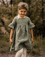 Sommer Leinenkleid festlich Volant Kleid für Einschulung oder Hochzeit in Salbei/ Olive