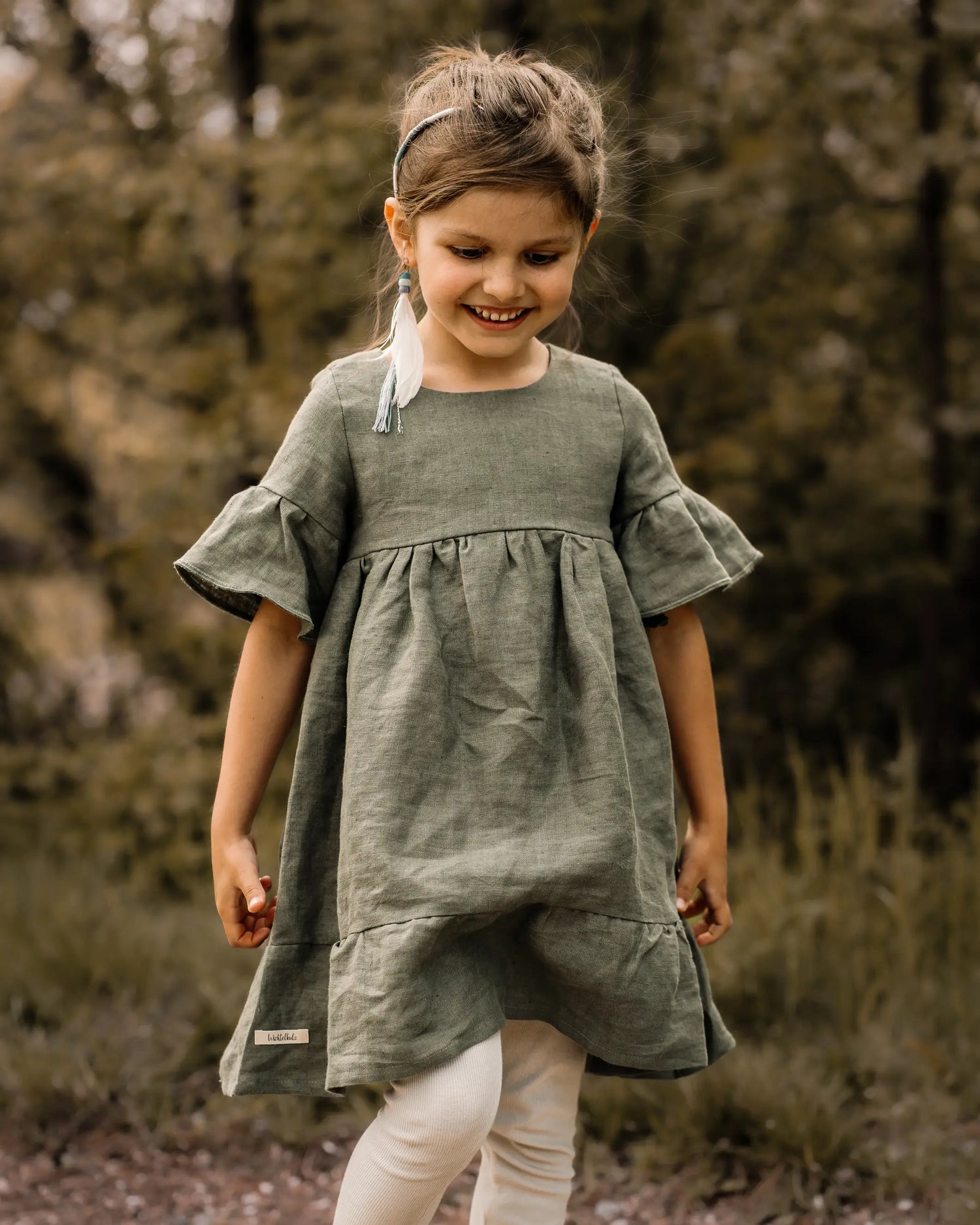 Sommer Leinenkleid festlich Volant Kleid für Einschulung oder Hochzeit in Salbei/ Olive