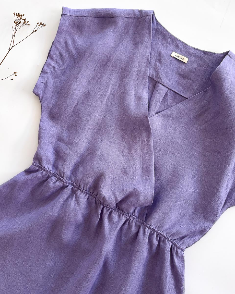 Sofortkauf: Damen Leinenkleid mit Wickeloptik in Lavendel, Gr. M (38/40)