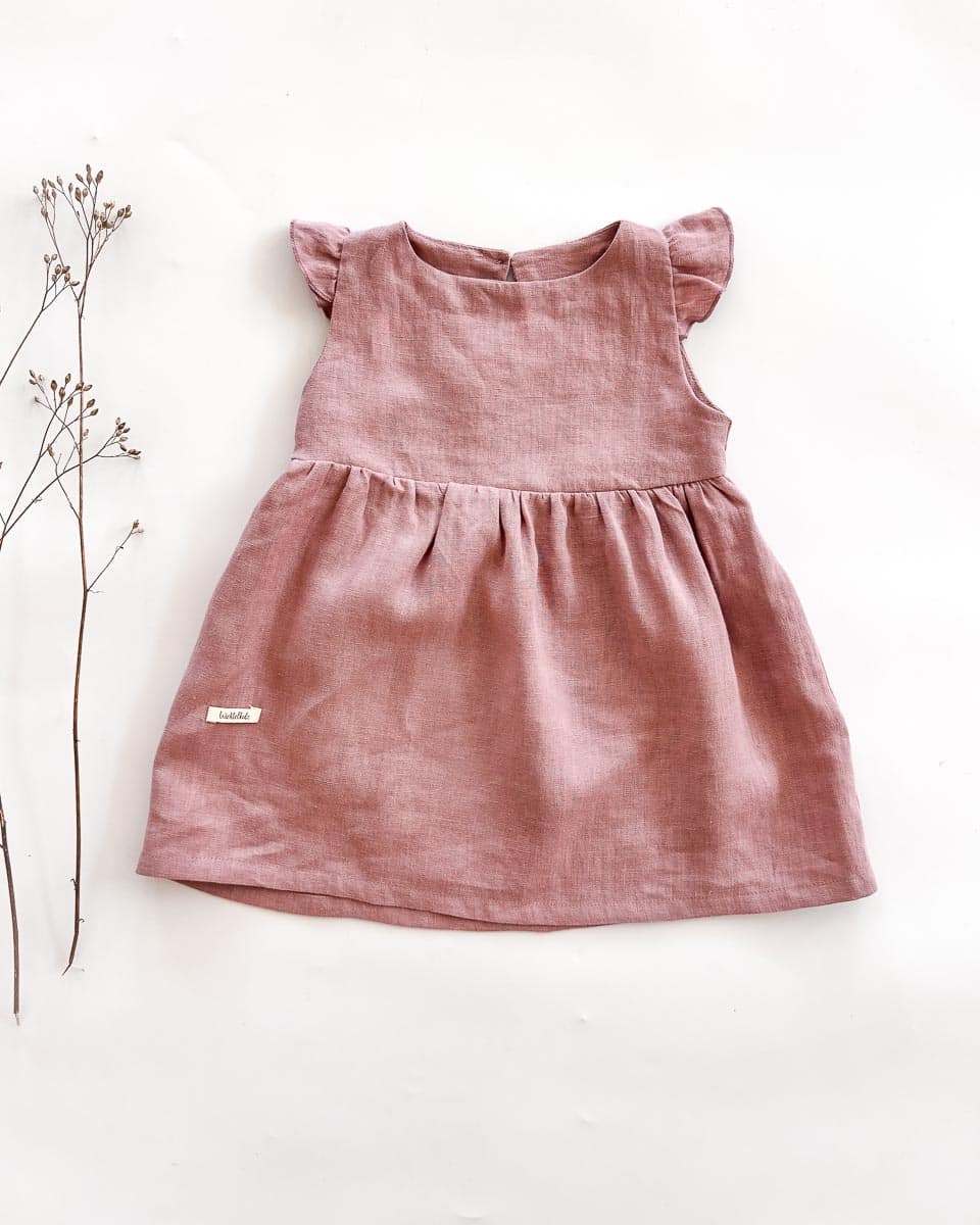 Sofortkauf: Leinenkleid mit Flügelärmeln in Altrosa, Gr. 86/92