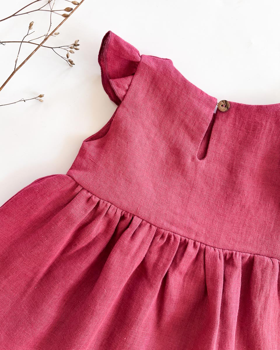 Sofortkauf: Leinenkleid mit Flügelärmeln in Himbeere, Gr. 74/80