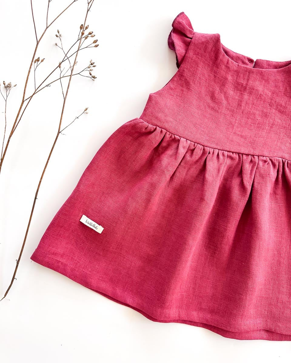 Sofortkauf: Leinenkleid mit Flügelärmeln in Himbeere, Gr. 74/80