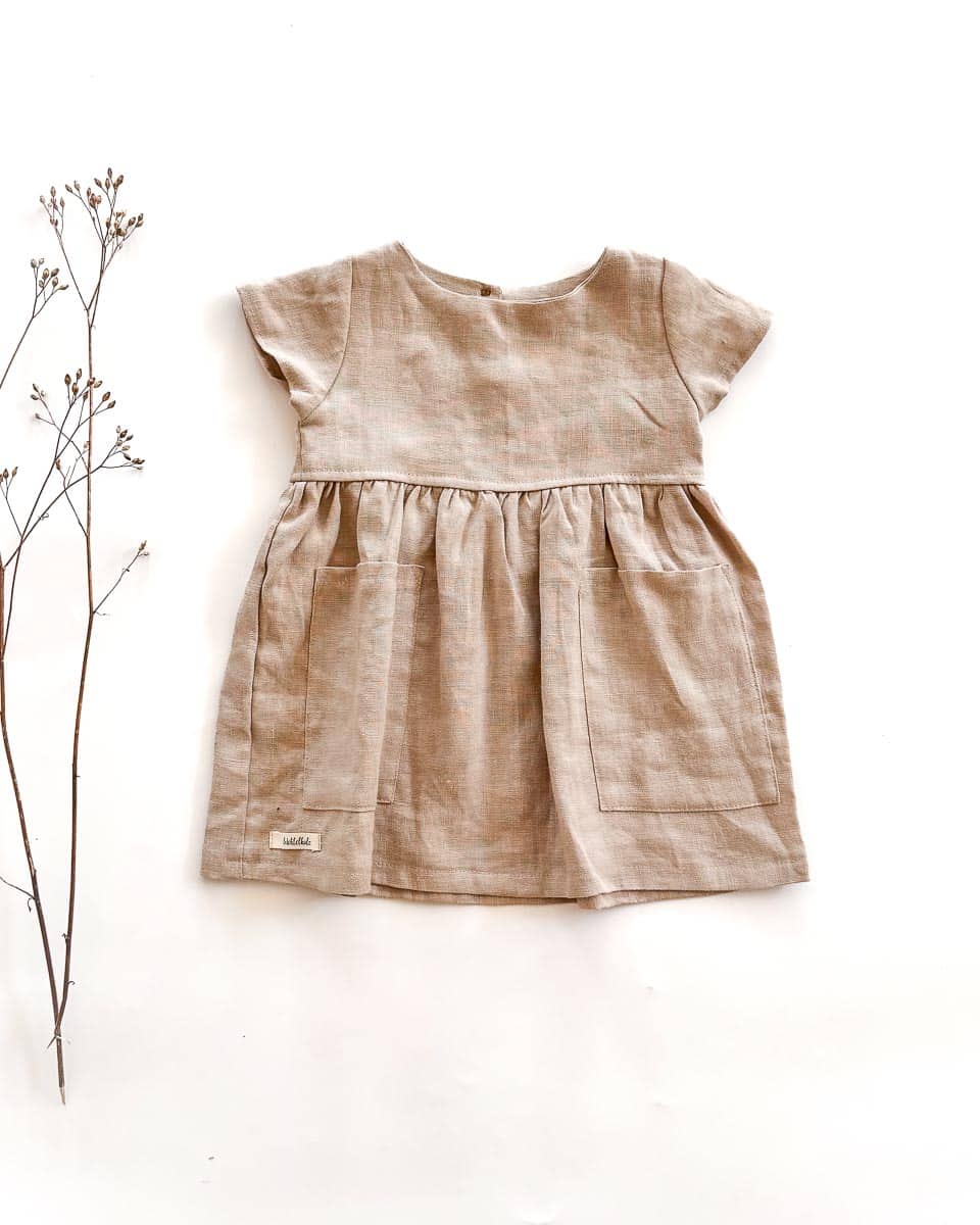 Sofortkauf: Leinenkleid mit kurzen Ärmeln und Taschen in Sand, Gr. 74/80