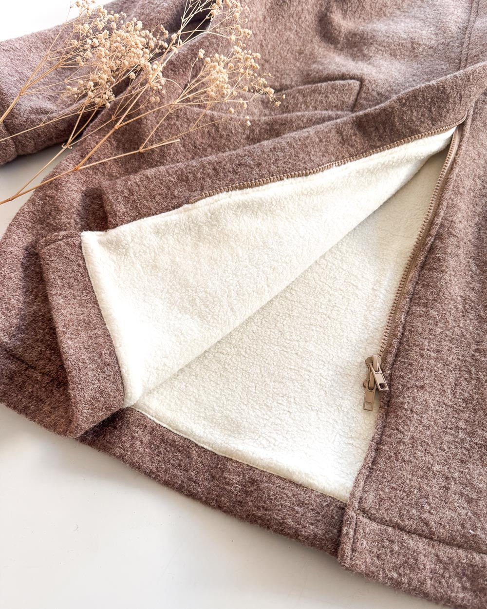Sofortkauf: Damen Walkmantel mit Reißverschluss - Schlamm/Kuschelfleece Creme komplett gefüttert, Gr. XL (46/48)