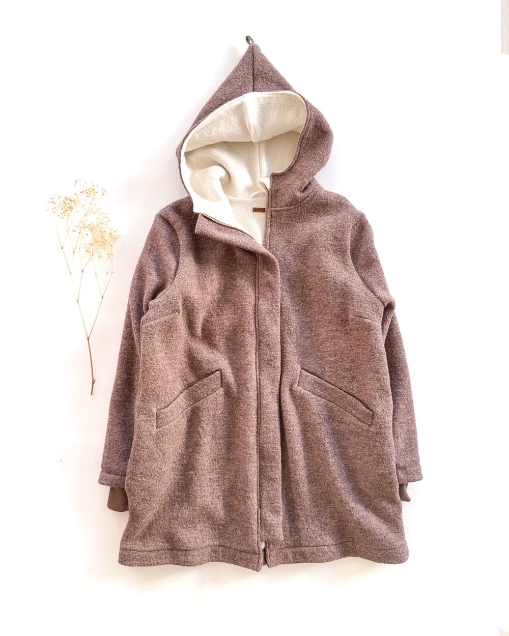 Sofortkauf: Damen Walkmantel mit Reißverschluss - Schlamm/Kuschelfleece Creme komplett gefüttert, Gr. XL (46/48)