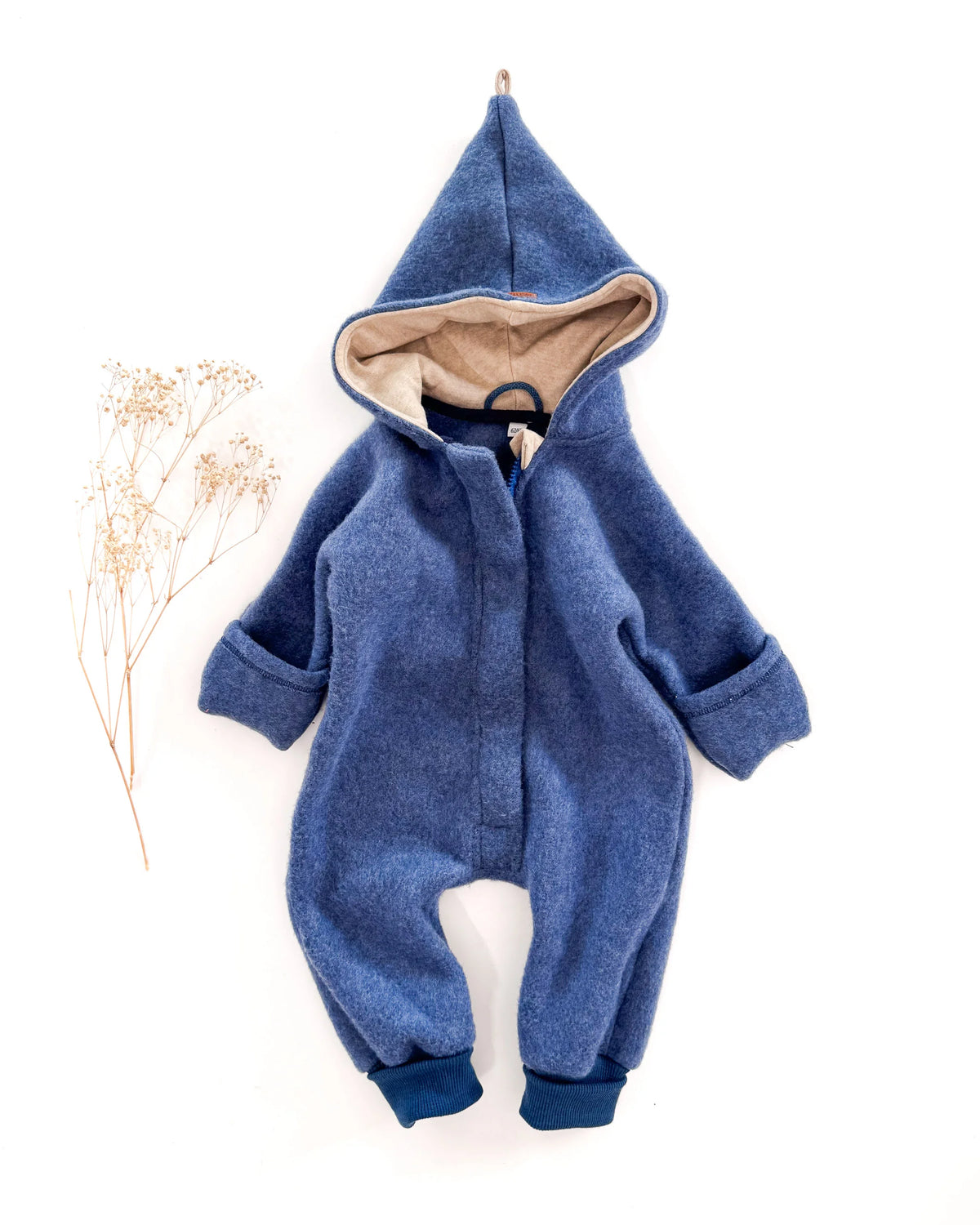 Sofortkauf: Wollfleece-Overall in Jeansblau mit Umschlagbündchen, Gr. 62/68