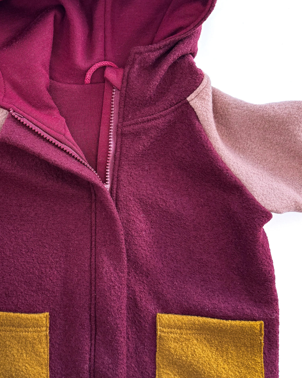 Sofortkauf: Colorblock Merino-Walkjacke in Beere/Altrosa/Senf, Gr. 92/98