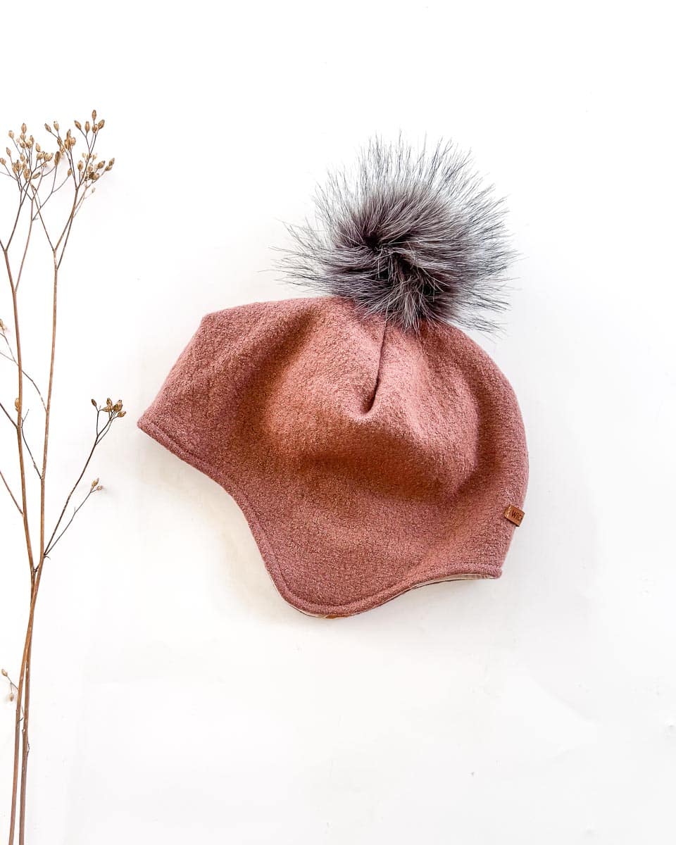 Sofortkauf: Wollwalk Bommelmütze in Merino Altrosa/Brownbow, Gr. 54-56