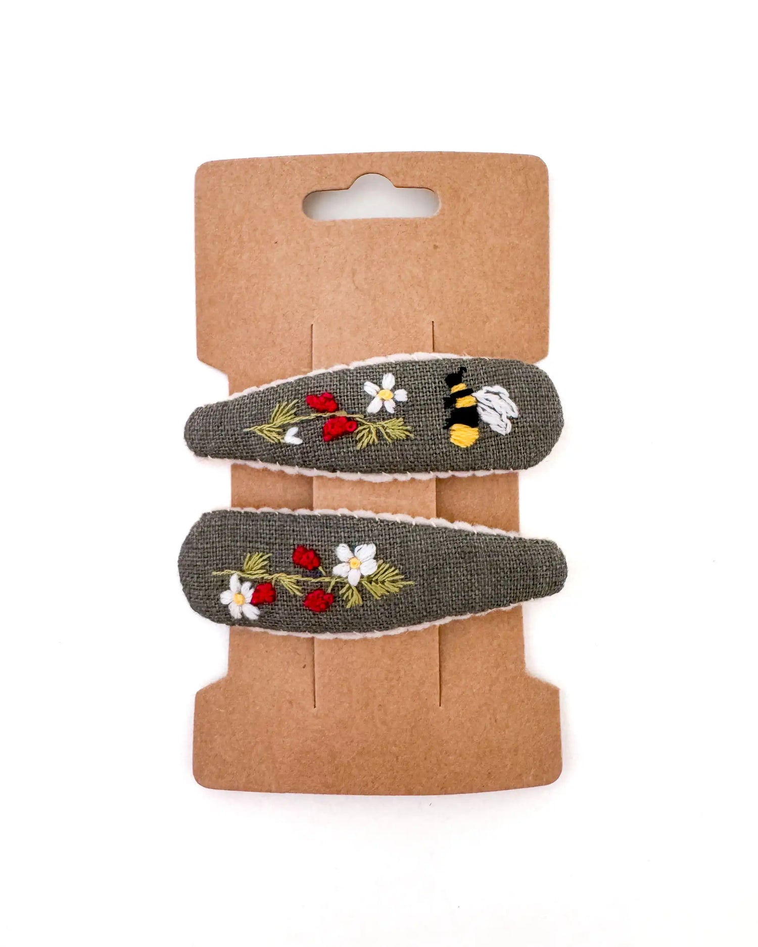 handbestickte Haarspangen 2er-Set – Olive "Bienchen"