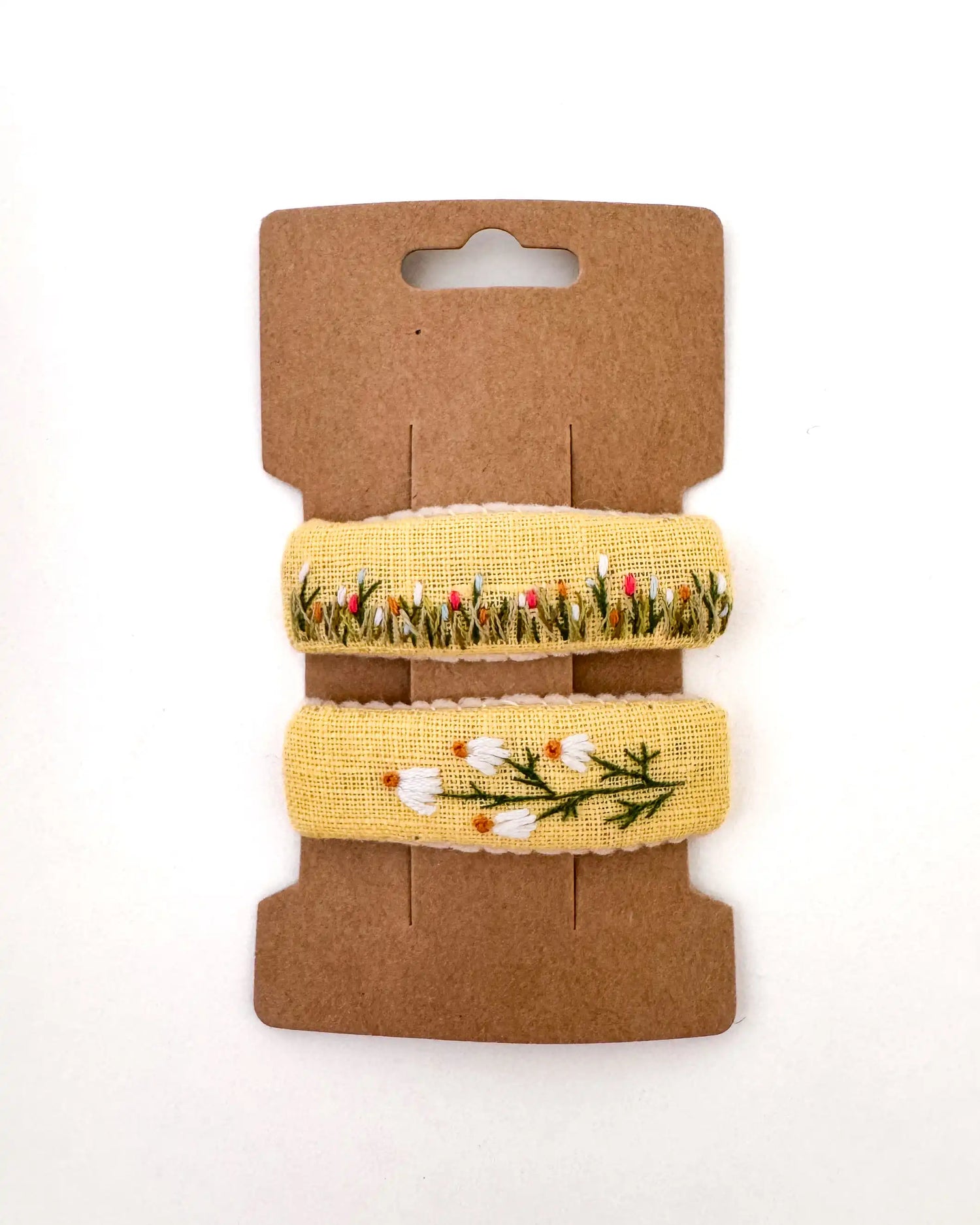 handbestickte Haarspangen 2er-Set – Buttergelb "Blumenwiese"