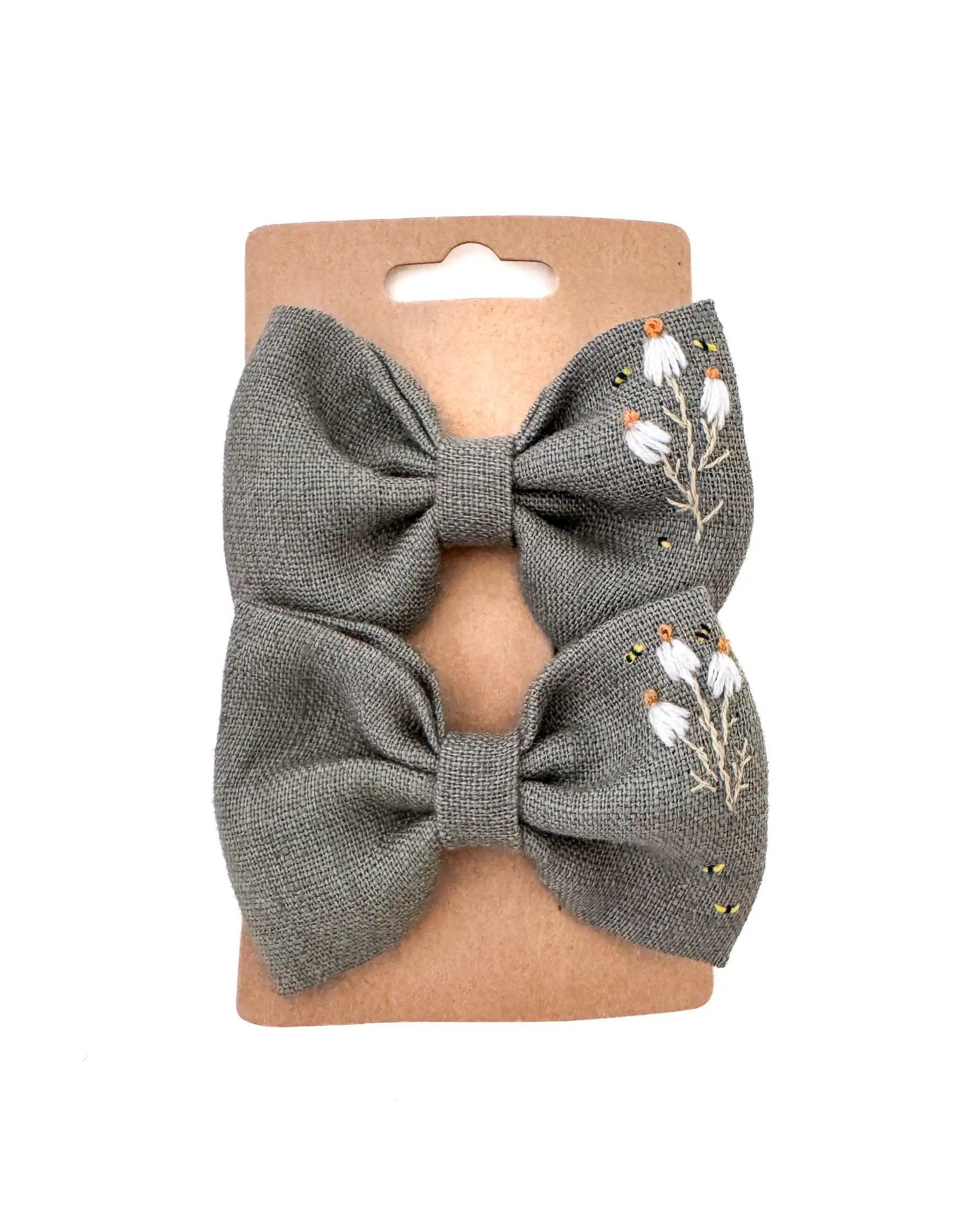 handbestickte Haarschleifen Kinder aus 100% Leinen im 2er Set, Haarspangen Mädchen mit stabilem Haarclip und bunten Motiven