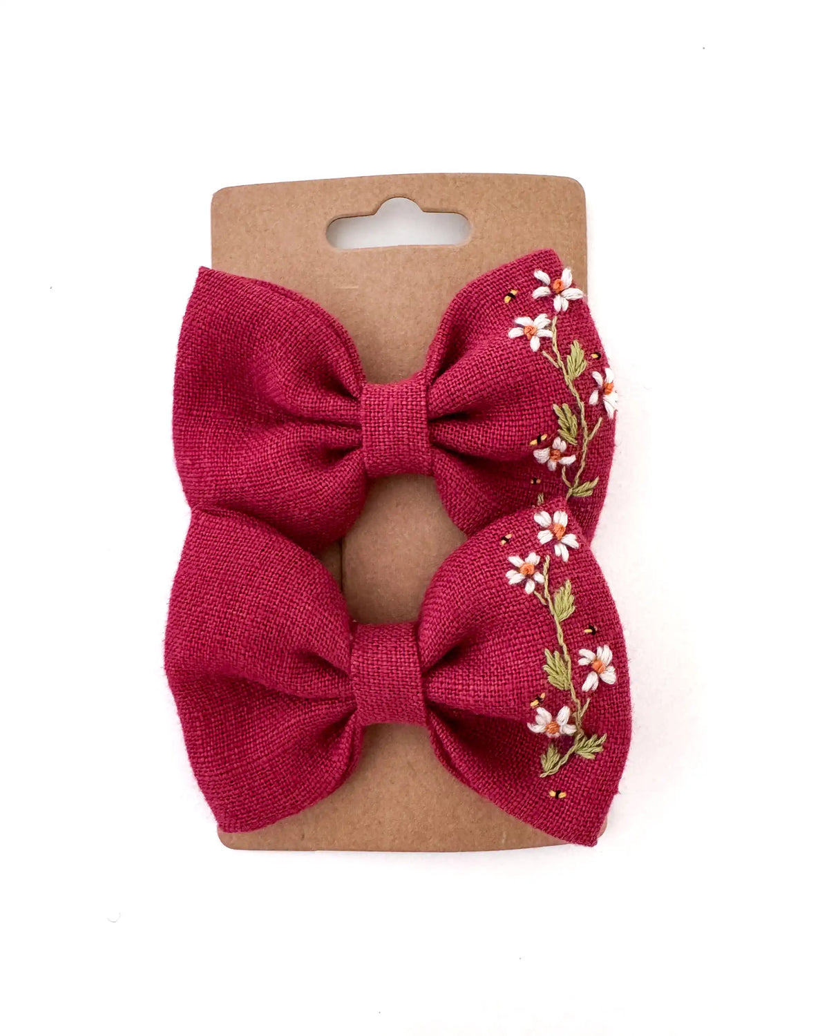 handbestickte Haarschleifen Kinder aus 100% Leinen im 2er Set, Haarspangen Mädchen mit stabilem Haarclip und Blumen motiv
