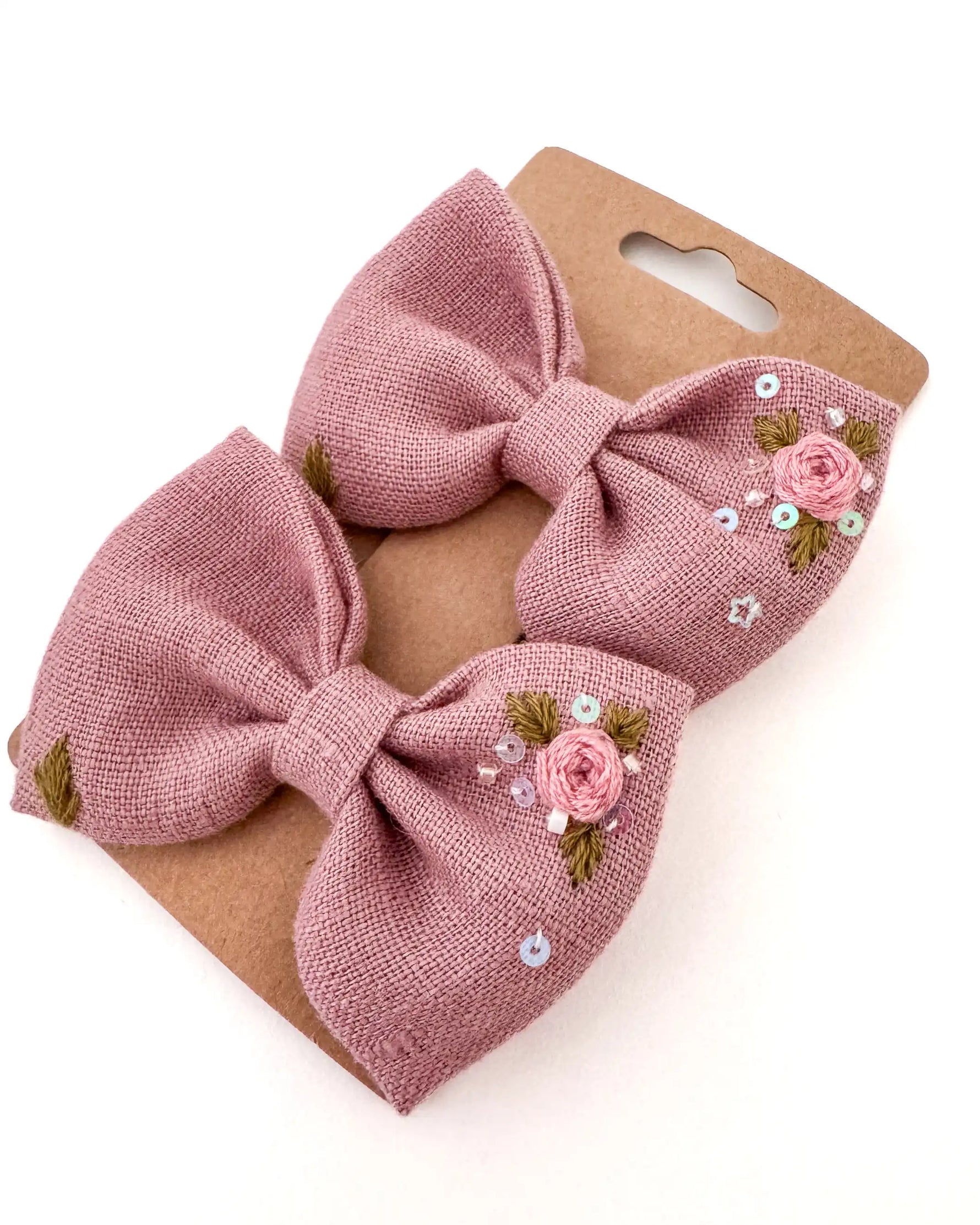 Haarspange mit Schleife für Kinder aus Leinen, natürlicher Haarschmuck für Mädchen, hochwertig bestickt in altrosa