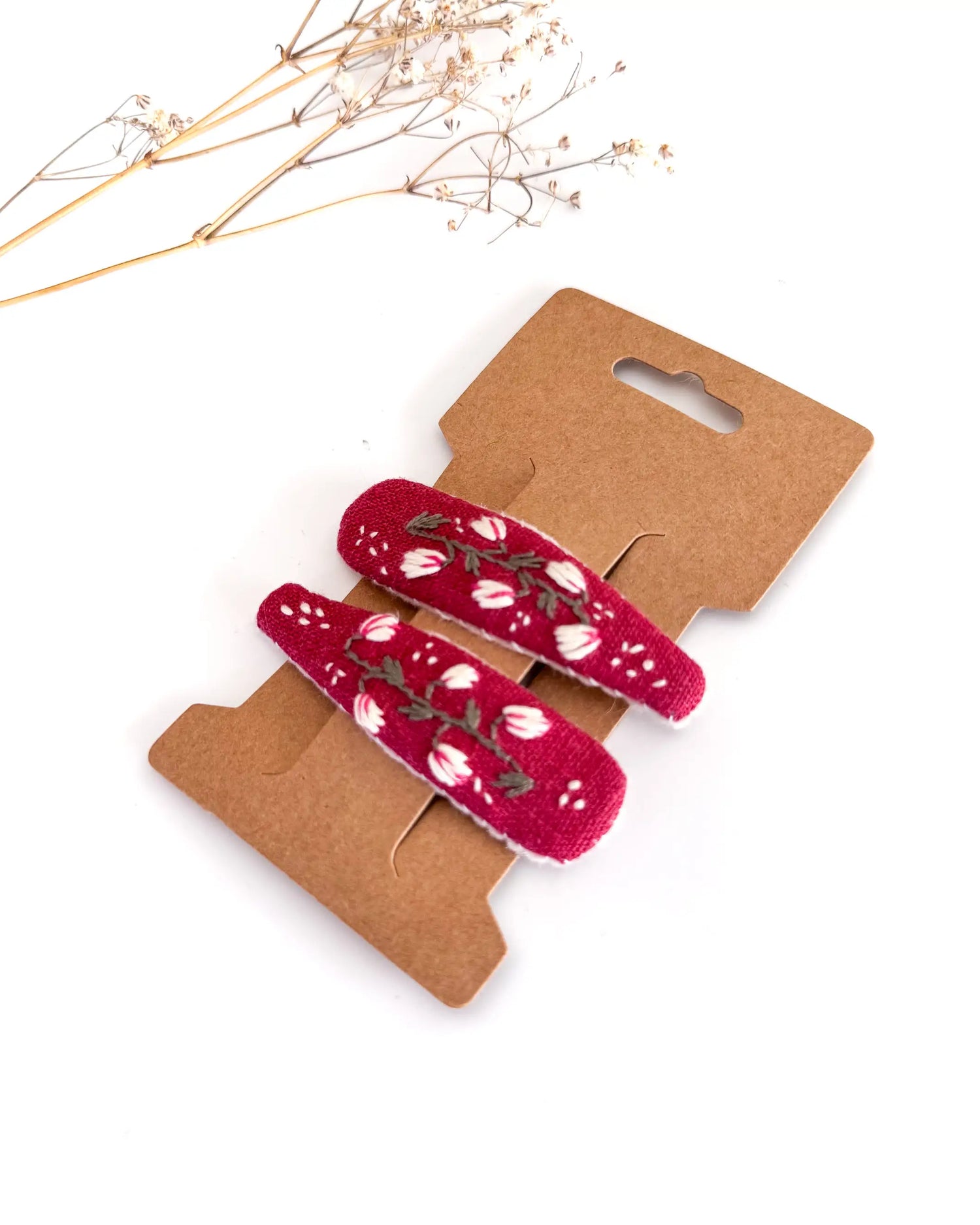 handbestickte Haarspangen 2er-Set – Himbeere "Schneeglöckchen"