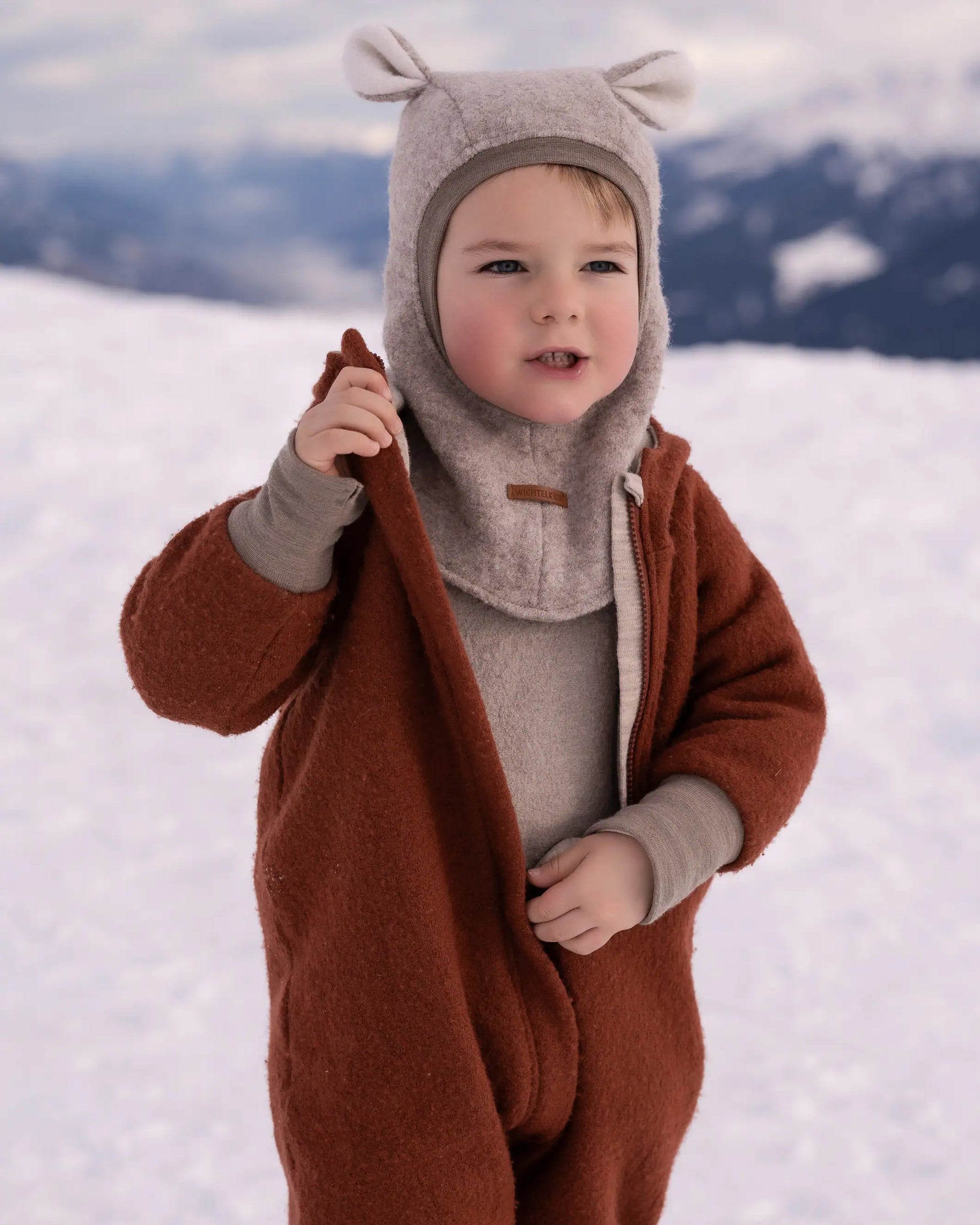 Wollwalk Overall Walkoverall Schlupfmütze mit Ohren für Kinder und Babys