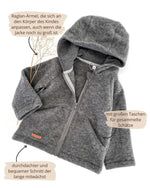 Kinder Wollfleece Jacke aus 100% Bio Merinowolle mit Reißverschluss und Taschen
