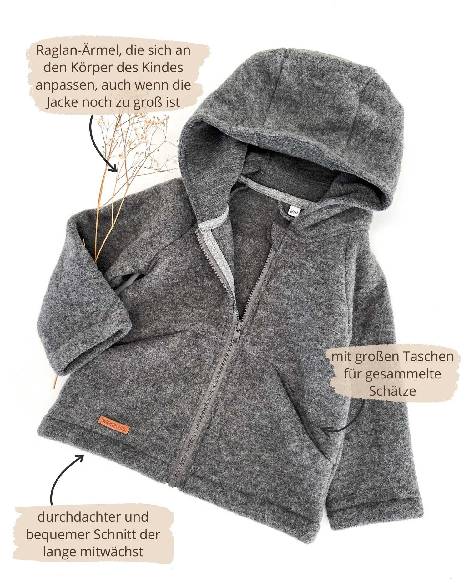 Kinder Wollfleece Jacke aus 100% Bio Merinowolle mit Reißverschluss und Taschen