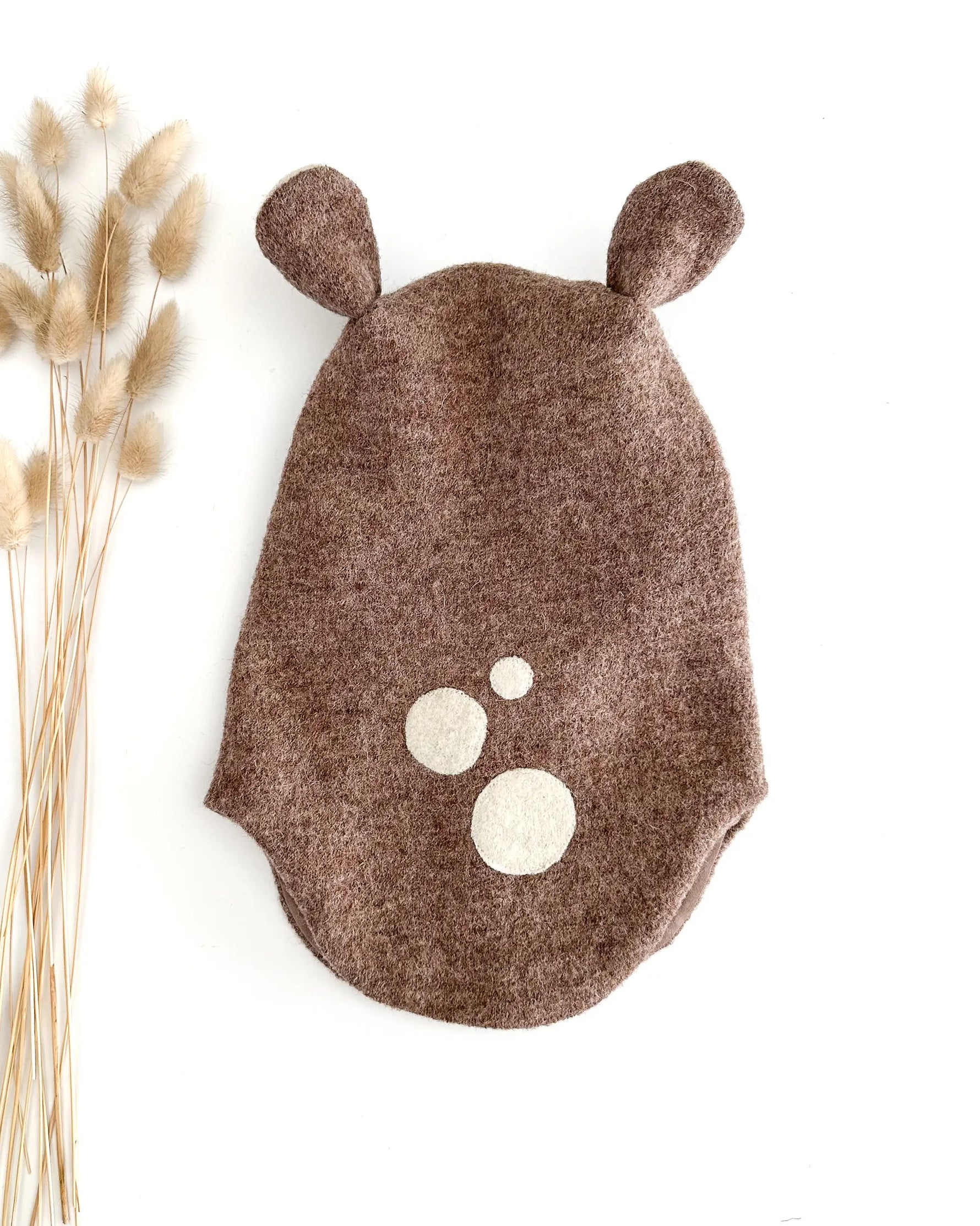 Kinder Schalmütze Balaclava aus Wollwalk mit Reh-Ohren und Rehpunkten