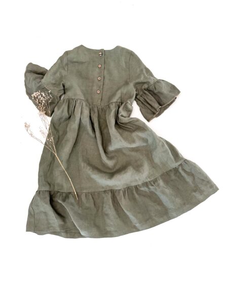 Sofortkauf: Mädchen Volantkleid aus Leinen in Olive, Gr. 140/146